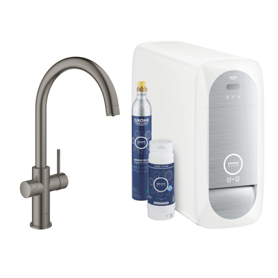 GROHE Blue Home Keukenkraan - C-uitloop - 1-gats - filterfunctie - plat licht en bruisend water - brushed hard graphite