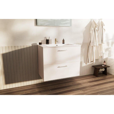 Nemo Go badkamermeubelset - 80x65x45.5cm - 2 lades - met grepen - 1 wasbak wit mat - 1 kraangat - met spiegel - MDF standard white