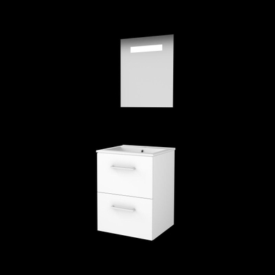 Basic-Line Economic 46 badkamermeubelset - 50x46cm - met grepen - 2 lades - porseleinen wastafel - 1 kraangat - Spiegel - geintegreerde LED verlichting - MDF lak Ice White