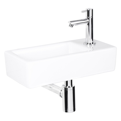 Differnz Helios fonteinset - 37.5x18.5x9.5cm - Rechthoek - 1 kraangat rechts - Recht chromen kraan - Keramiek Wit
