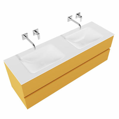 MONDIAZ VICA Badkamermeubelset - 150cm - 2 lades - wasbak Cloud dubbel - 0 kraangaten - solid surface ocher