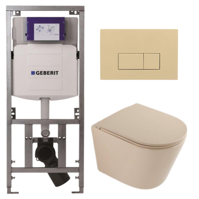QeramiQ Dely Toiletset - 36.3x51.7cm - diepspoel - rimless - Geberit UP320 inbouwreservoir - softclose toilet zitting - bedieningsplaat beige - rechthoekige knoppen - mat beige