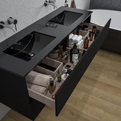 Adema Chaci Badkameronderkast - 140cm - 4 lades - greeploos - zwart keramieke wastafel - overloop - 2 wasbakken - zonder kraangaten - mat zwart