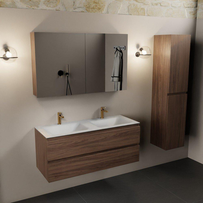 Mondiaz Aivy badmeubelset - 120x45x50cm - 2 kraangaten - 2 wasbakken talc Solid surface - Links en rechts - 2 lades - Met spiegelkast - Melamine Mocha