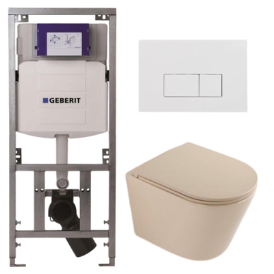 QeramiQ Dely Toiletset - 36.3x51.7cm - diepspoel - rimless - Geberit UP320 inbouwreservoir - softclose toilet zitting - glans witte bedieningsplaat - rechthoekige knoppen - mat beige