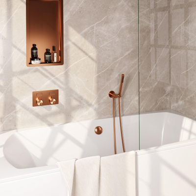 BRAUER Copper Edition thermostatische inbouw badkraan - drukknoppen SET 03 - badvulcombinatie - staaf handdouche - doucheslang - wandaansluitbocht - koper geborsteld PVD