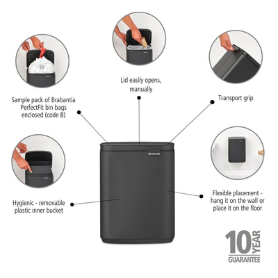 Brabantia Bo Afvalemmer - 7 liter - kunststof binnenemmer - mineral infinite grey