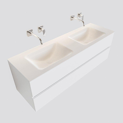 MONDIAZ VICA Badkamermeubelset - 150cm - 2 lades - wasbak Cloud dubbel - 0 kraangaten - solid surface talc