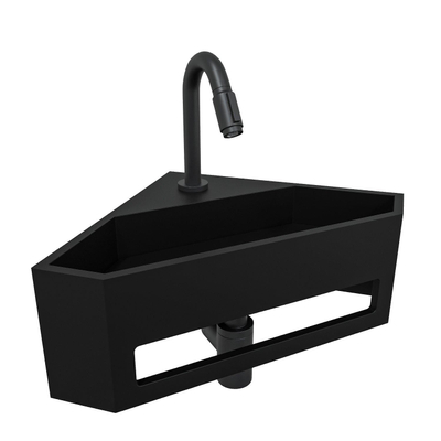 Wiesbaden Julia hoekfonteinset solid surface mat zwart 35x35x16 incl. Victoria luxe fonteinkraan mat zwart