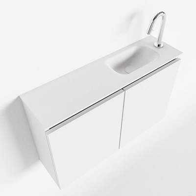 MONDIAZ TURE Fonteinset - 80x23x50cm - 1 kraangat - 2 deuren - talc mat - Wasbak rechts - Solid Surface Wit