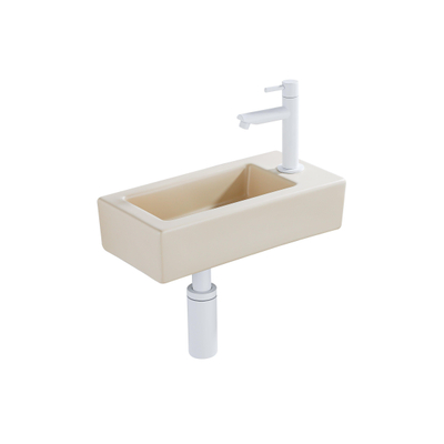 QeramiQ Fuente Fonteinset - 37.5x18.5x9cm - keramiek - kraangat rechts - fonteinkraan mat wit - afvoerplug - verlaagd sifon - Mat Beige