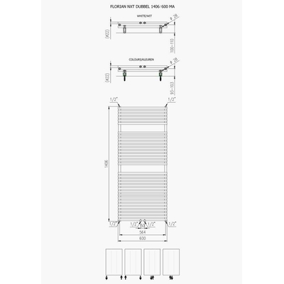 Plieger Florian Nxt M designradiator dubbel horizontaal met middenaansluiting 1406x600mm 1153W wit