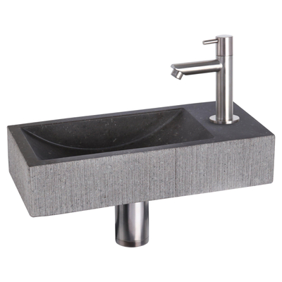 Differnz Ribble fonteinset - 38x18x8cm - Rechthoek - 1 kraangat - recht chroom mat kraan - natuursteen zwart