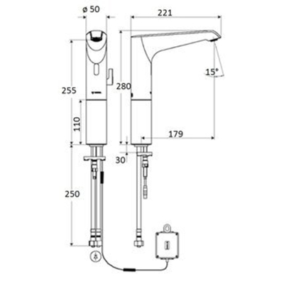 Schell Xeris E HD M elektronische wastafelkraan large v. gemengd water met batterij 6V met infrarood sensor chroom