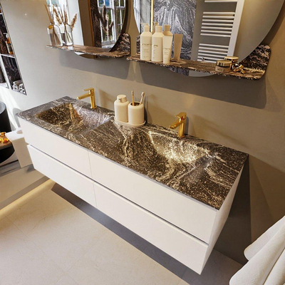 Mondiaz VICA-DLUX Badkamermeubelset - 150cm - talc - 4 lades - Inbouw wastafel CLOUD - dubbel 2 kraangaten - kleur Lava - XL versie 60cm hoog