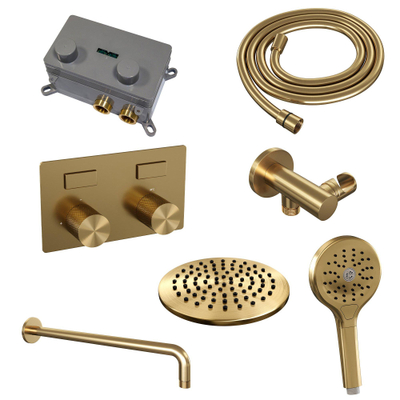 BRAUER Gold Carving Thermostatische Regendouche inbouw - drukknoppen - SET 57 - 20cm hoofddouche - gebogen muurarm - 3 standen handdouche - doucheslang - wandaansluitbocht - goud geborsteld PVD