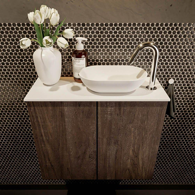 Mondiaz Fowy Toiletmeubel - 60x50x23cm - dark brown mat - 1 kraangat - wasbak rechts - 2 deuren - solid surface - blad Melamine - wasbak: wit