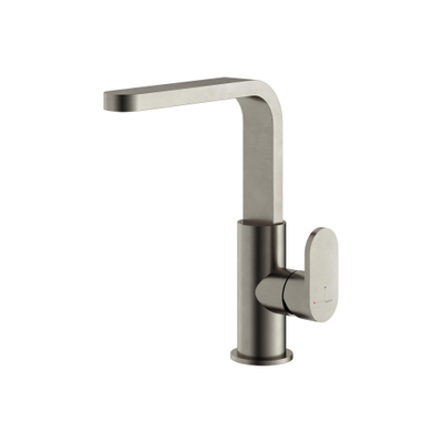 Hotbath Friendo wastafelmengkraan met draaibare L-uitloop kantelbare perlator en zonder waste geborsteld nikkel SHOWROOMMODEL