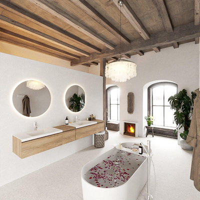 MONDIAZ BUKLA 240cm badmeubel met module 40 links kleur Washed Oak met 4 lades. Wastafel CLOUD dubbel 2 kraangaten kleur Talc.