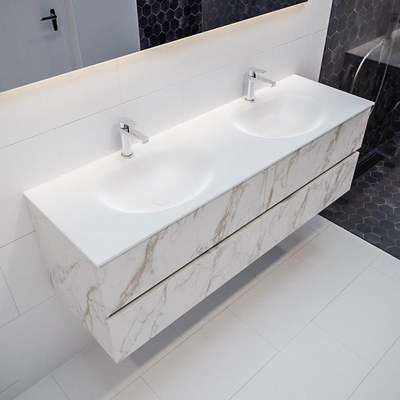 MONDIAZ VICA Badkamermeubelset - 150cm - 4 lades - wasbak Moon dubbel - 2 kraangaten - solid surface carrara marmer