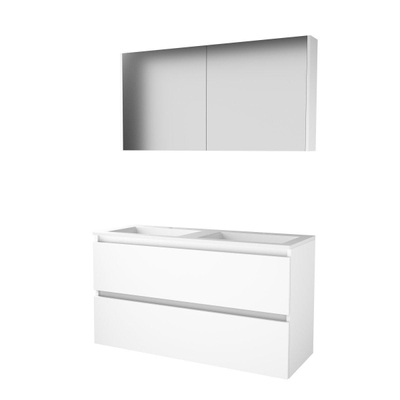 Basic-Line Comfort 46 badkamermeubelset - 120x46cm - greeploos - 2 lades - acryl wastafel - 2 kraangaten - Spiegelkast - MDF lak Ice White