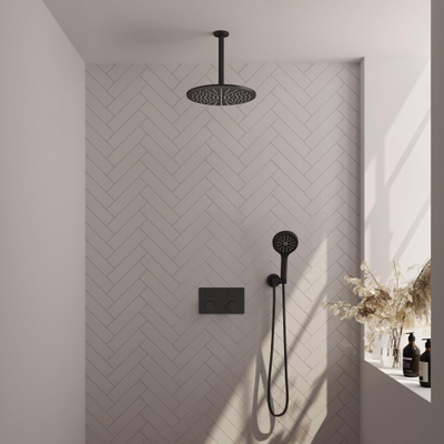 BRAUER Black Carving Thermostatische Regendouche inbouw - drukknoppen - SET 60 - 30cm hoofddouche - plafondarm - 3 standen handdouche - doucheslang - wandaansluitbocht - zwart mat