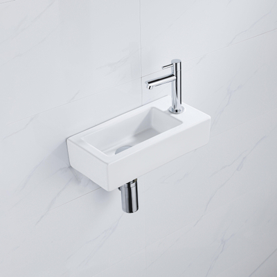 QeramiQ Fuente Fonteinset - 37.5x18.5x9cm - keramiek - kraangat rechts - fonteinkraan chroom - afvoerplug - verlaagd sifon - Glans wit