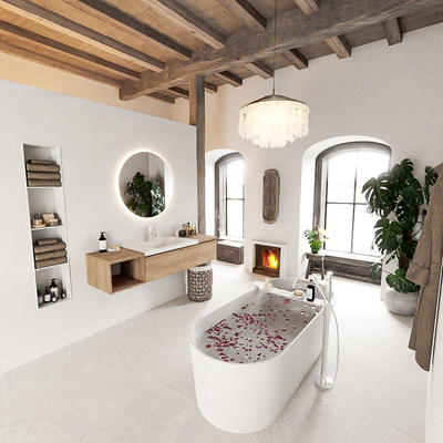 MONDIAZ BUKLA 160cm badmeubel met open module 40 links kleur Washed Oak met 2 lades. Wastafel CLOUD midden 1 kraangat kleur Talc.