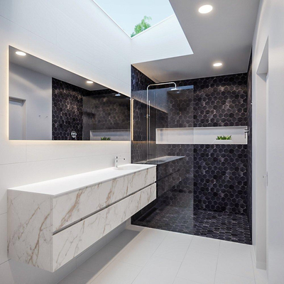 MONDIAZ VICA Badkamermeubelset - 200cm - 4 lades - wasbak Moon rechts - 1 kraangat - solid surface carrara marmer