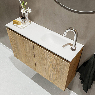 MONDIAZ TURE Fonteinset - 80x23x50cm - 1 kraangat - 2 deuren - washed oak mat - Wasbak rechts - Solid Surface Wit