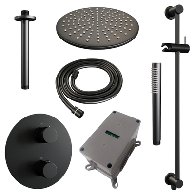 BRAUER Black Edition thermostatische Inbouw Regendouche - 3-weg - rond - set 90 - 30cm hoofddouche - plafondarm - staaf handdouche - doucheslang - geïntegreerde glijstang - mat zwart