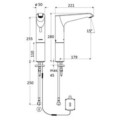 Schell Xeris E HD K elektronische wastafelkraan large v. koud water met batterij 6V met infrarood sensor chroom