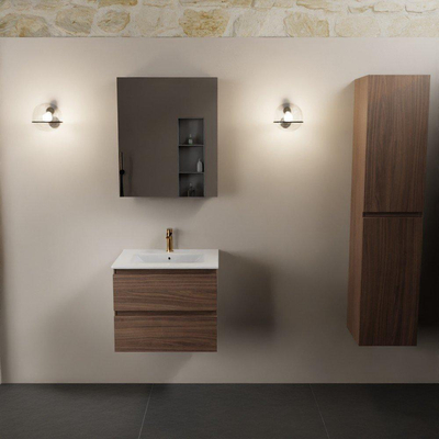 Mondiaz Aivy badmeubelset - 60x45x50cm - 1 kraangat - 1 wasbak talc Keramiek - Midden - 2 lades - Met spiegelkast - Melamine Mocha