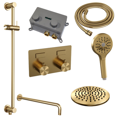 BRAUER Gold Edition Thermostatische Regendouche inbouw - drukknoppen - SET 69 - 20cm hoofddouche - gebogen muurarm - 3 standen handdouche - doucheslang - geïntegreerde glijstang - goud geborsteld PVD