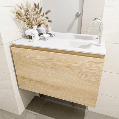 MONDIAZ OLAN Fonteinset - 80x30x40cm - 1 kraangat - 1 lade - washed oak mat - wasbak rechts - Solid Surface Wit
