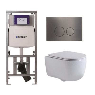 QeramiQ Dely Swirl Toiletset - 36.3x51.7cm - Geberit UP320 Burda inbouwreservoir - slim zitting - gunmetal bedieningsplaat - ronde knoppen - wit glans