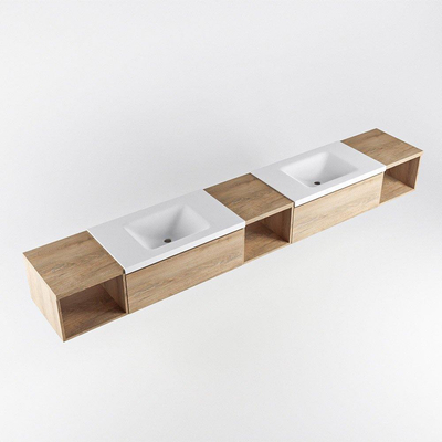 MONDIAZ BUKLA 280cm badmeubel met open module 40 L+M+R kleur Washed Oak met 2 lades. Wastafel CLOUD dubbel 2 kraangaten kleur Talc.