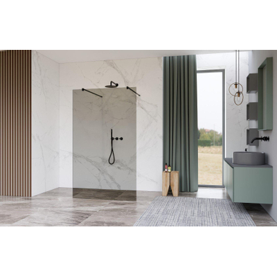 Fortifura Galeria Vrijstaande Inloopdouche - 180x200cm - Rookglas - antikalk - 8mm veiligheidsglas - wandsteunen - Zwart mat