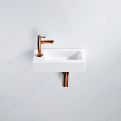 QeramiQ Fuente Fonteinset - 37.5x18.5x9cm - keramiek - kraangat links - fonteinkraan geborsteld koper - afvoerplug - verlaagd sifon - Mat wit