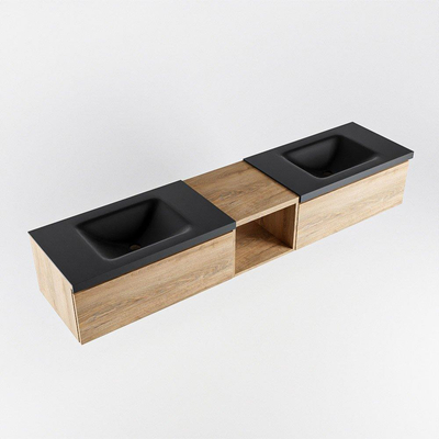 MONDIAZ BUKLA 200cm badmeubel met open module 40 kleur Washed Oak met 2 lades. Wastafel CLOUD dubbel 2 kraangaten kleur Urban.