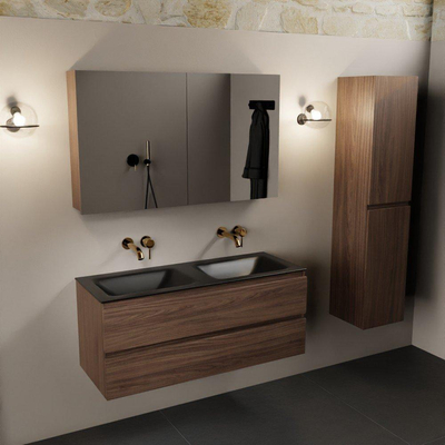 Mondiaz Aivy badmeubelset - 120x45x50cm - 0 kraangaten - 2 wasbakken urban Solid surface - Links en rechts - 2 lades - Met spiegelkast - Melamine Mocha