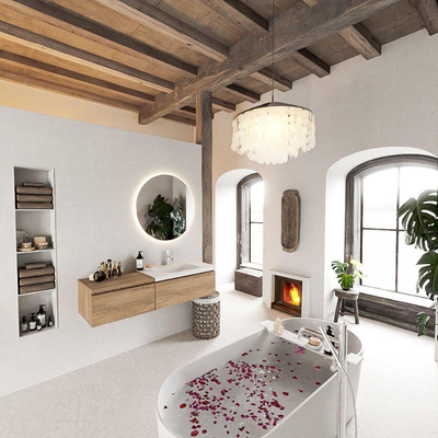 MONDIAZ BUKLA 140cm badmeubel met module 60 kleur Washed Oak met 2 lades. Wastafel CLOUD rechts 1 kraangat kleur Talc.