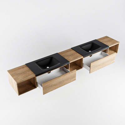 MONDIAZ BUKLA 280cm badmeubel met open module 40 L+M+R kleur Washed Oak met 2 lades. Wastafel CLOUD dubbel 0 kraangaten kleur Urban.