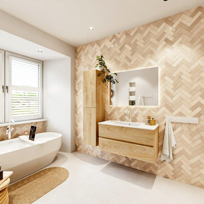 MONDIAZ VICA 100cm badmeubel onderkast Washed Oak 2 lades. Wastafel DENIA midden 1 kraangat, kleur Glanzend Wit.