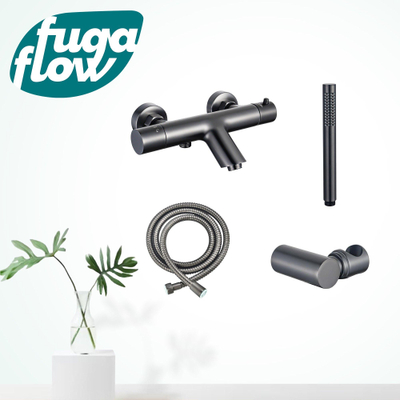 FugaFlow Eccelente Sobrado Badkamer Thermostatische badkraan met staafhanddouche, handdouchehouder en metalen doucheslang Gunmetal PVD