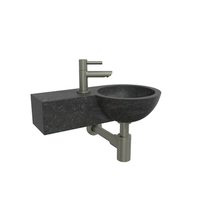 Wiesbaden B waskom rond 40x23x10cm met kraangat links hardsteen zwart incl Amador fonteinkraan gunmetal