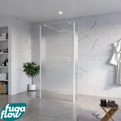 FugaFlow Eccelente Vetro Vrijstaande inloopdouche badkamer - 100x200cm - Helder geribbeld - antikalk - 8mm veiligheidsglas - 2 zijwanden 30cm - met wandarmen en hoekprofielen - Wit mat -