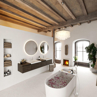 MONDIAZ BUKLA 200cm badmeubel met module 40 rechts kleur Dark Brown met 4 lades. Wastafel CLOUD dubbel 2 kraangaten kleur Talc.