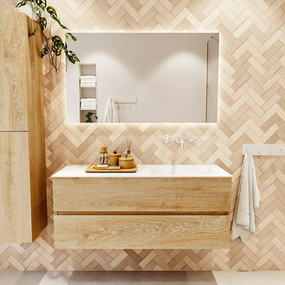 MONDIAZ VICA 120cm badmeubel onderkast Washed Oak 2 lades. Wastafel CLOUD rechts zonder kraangat, kleur Talc.