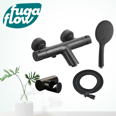 FugaFlow Efficiente Sobrado thermostatische bad-/douchekraan met handdouchehouder, doucheslang en 3-standen handdouche mat zwart -